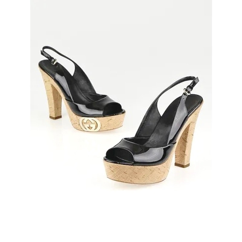 Gucci Patent Platform Sandals Black Leather Heels Y2k Glam Chic Size 7.5